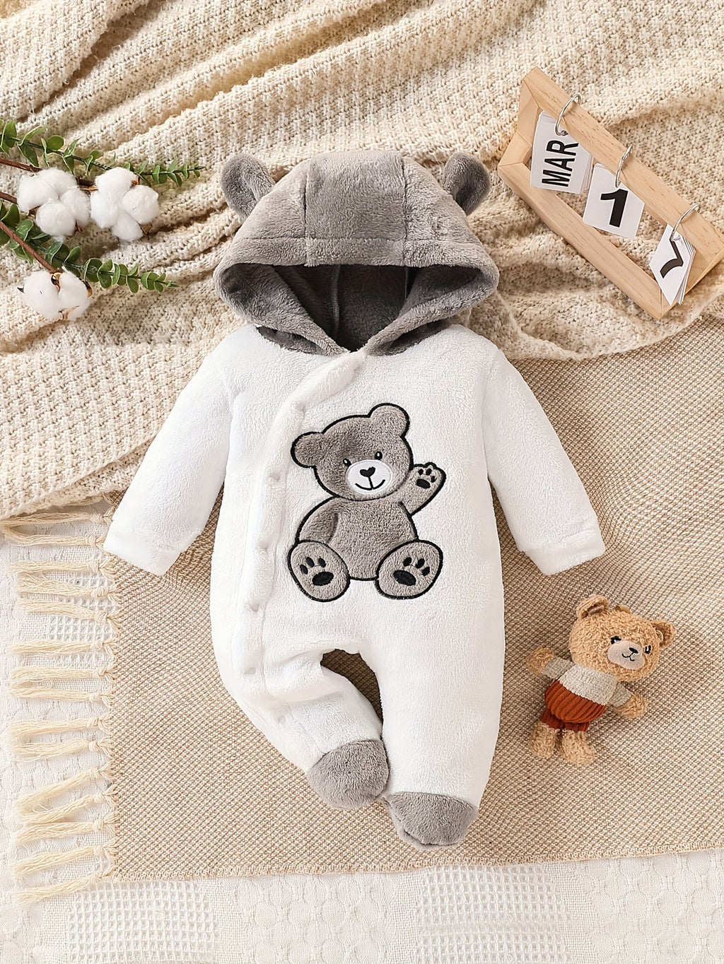 Cozy Teddy Plush Hooded Baby One-Piece