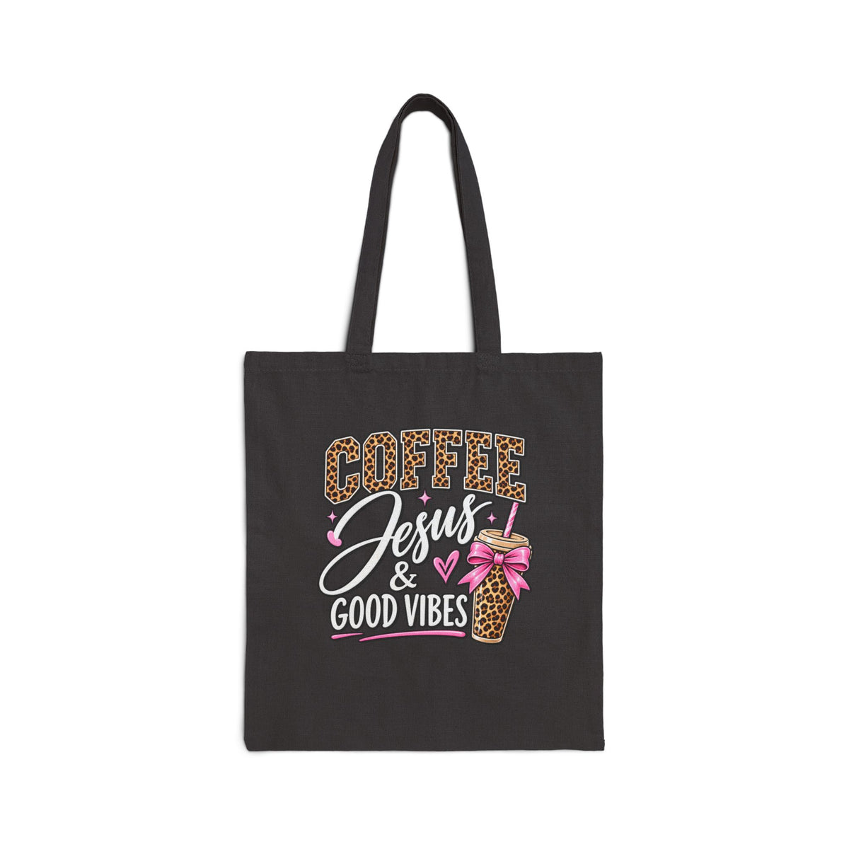 Canvas Tote — "Coffee, Jesus & Good Vibes" Leopard Print Cup Bible Gift