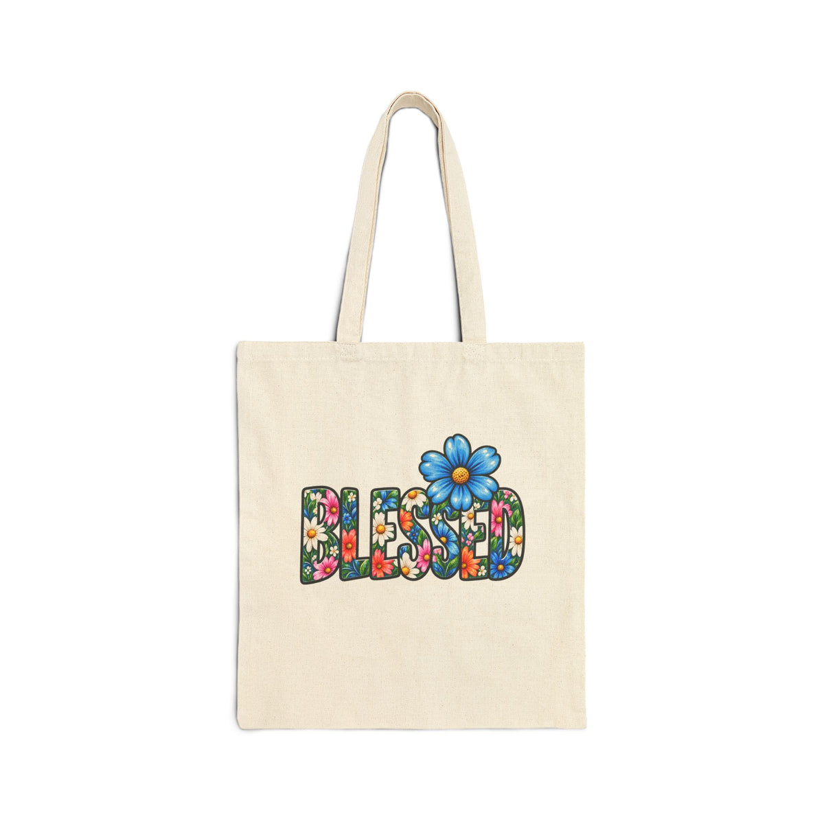 Tote Bag — 'Blessed' Floral Canvas Tote with Blue Daisy