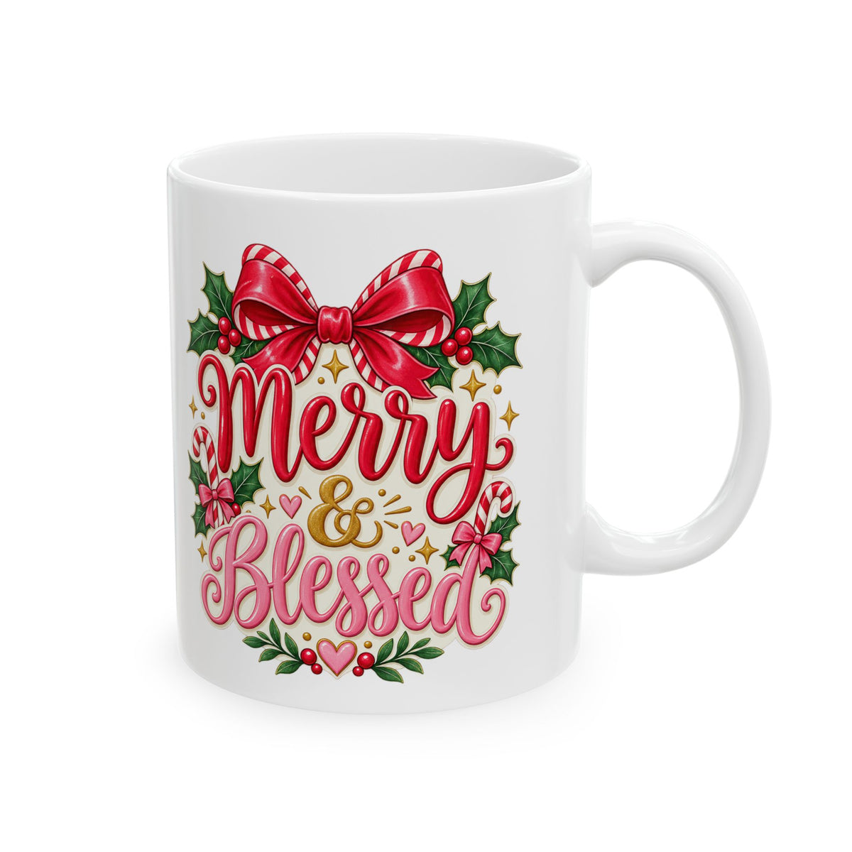 Merry & Blessed Christmas Mug — Holiday Holly Bell Ceramic Coffee Cup (11oz/15oz)