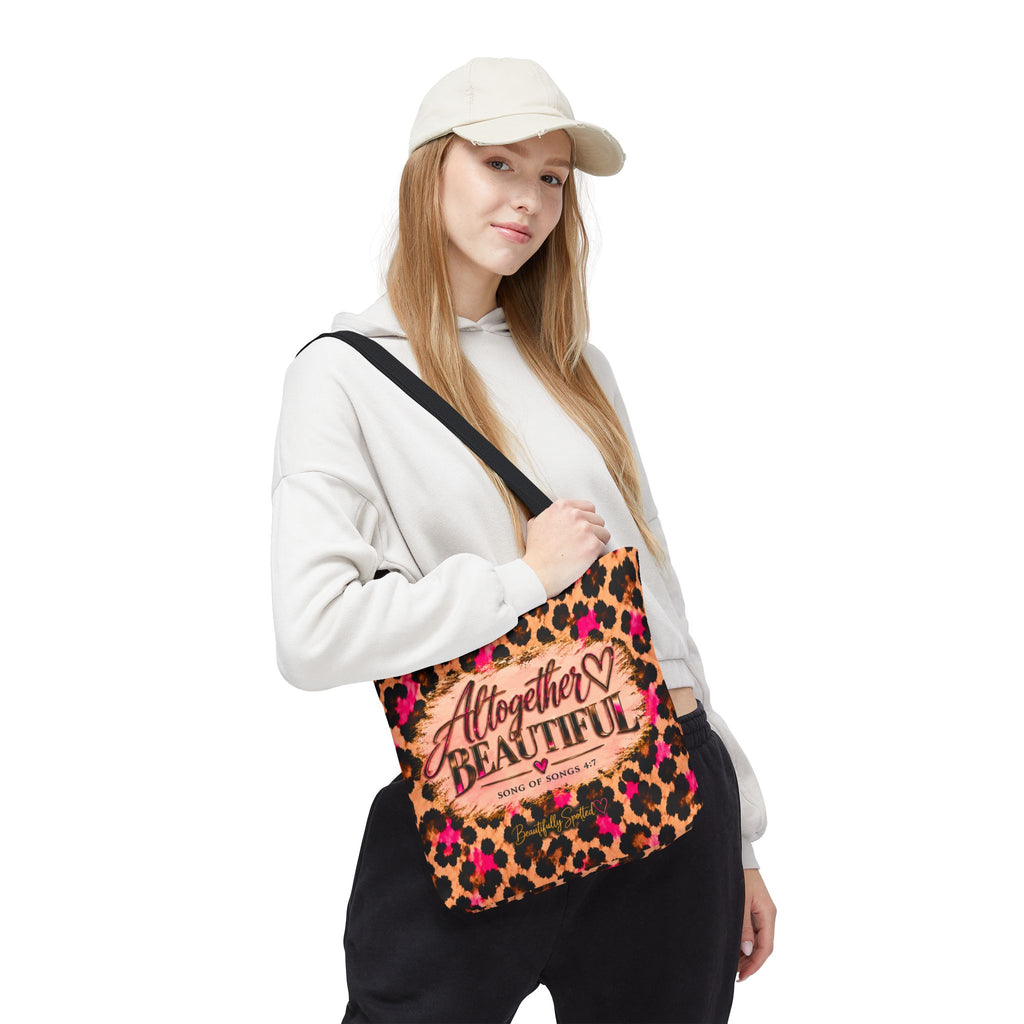 Altogether Beautiful Leopard Print Scripture Tote Bag | Song of Songs 4:7 | Beautifully Spotted