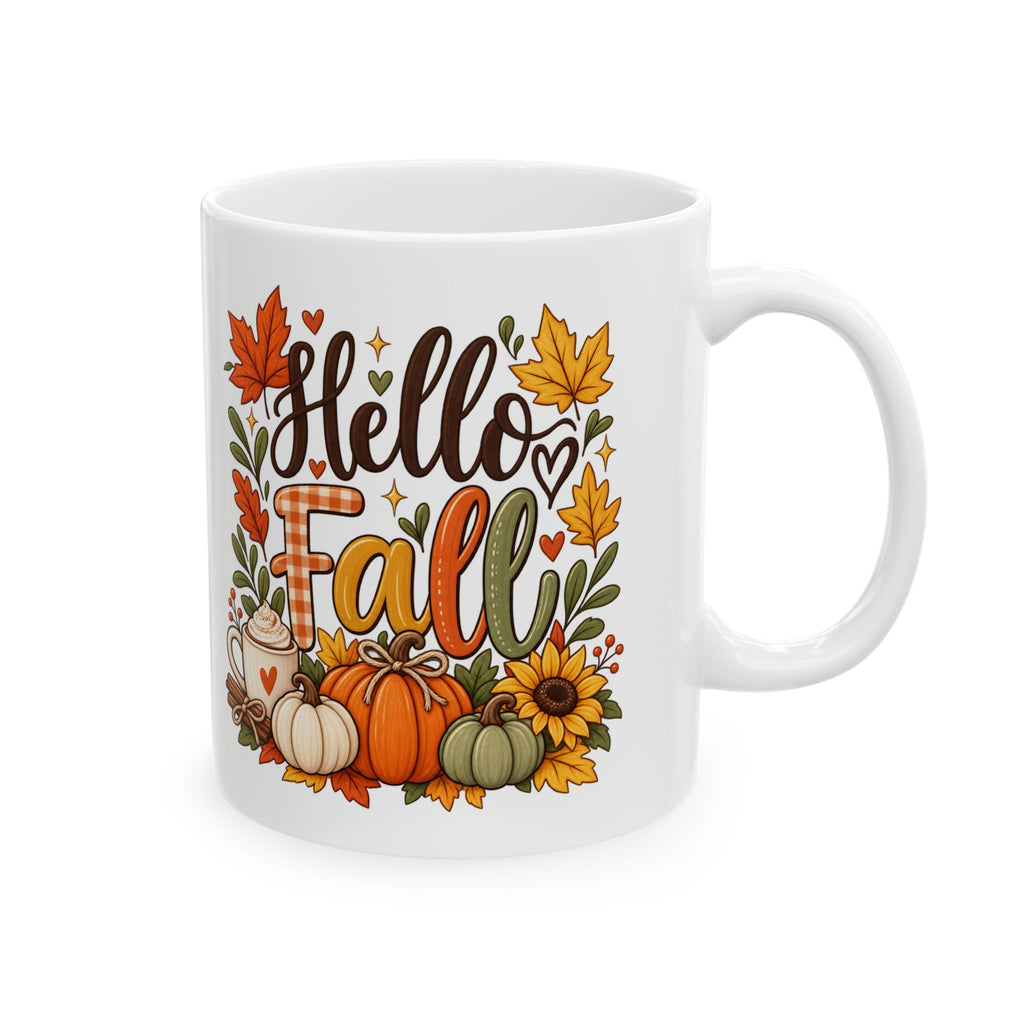 Hello Fall Ceramic Mug – Autumn Leaves, Pumpkins & Sunflower Coffee Cup (11oz & 15oz)