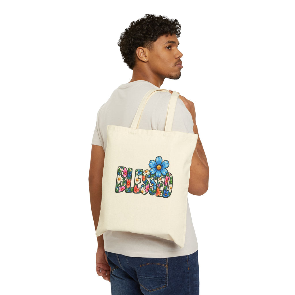 Tote Bag — 'Blessed' Floral Canvas Tote with Blue Daisy