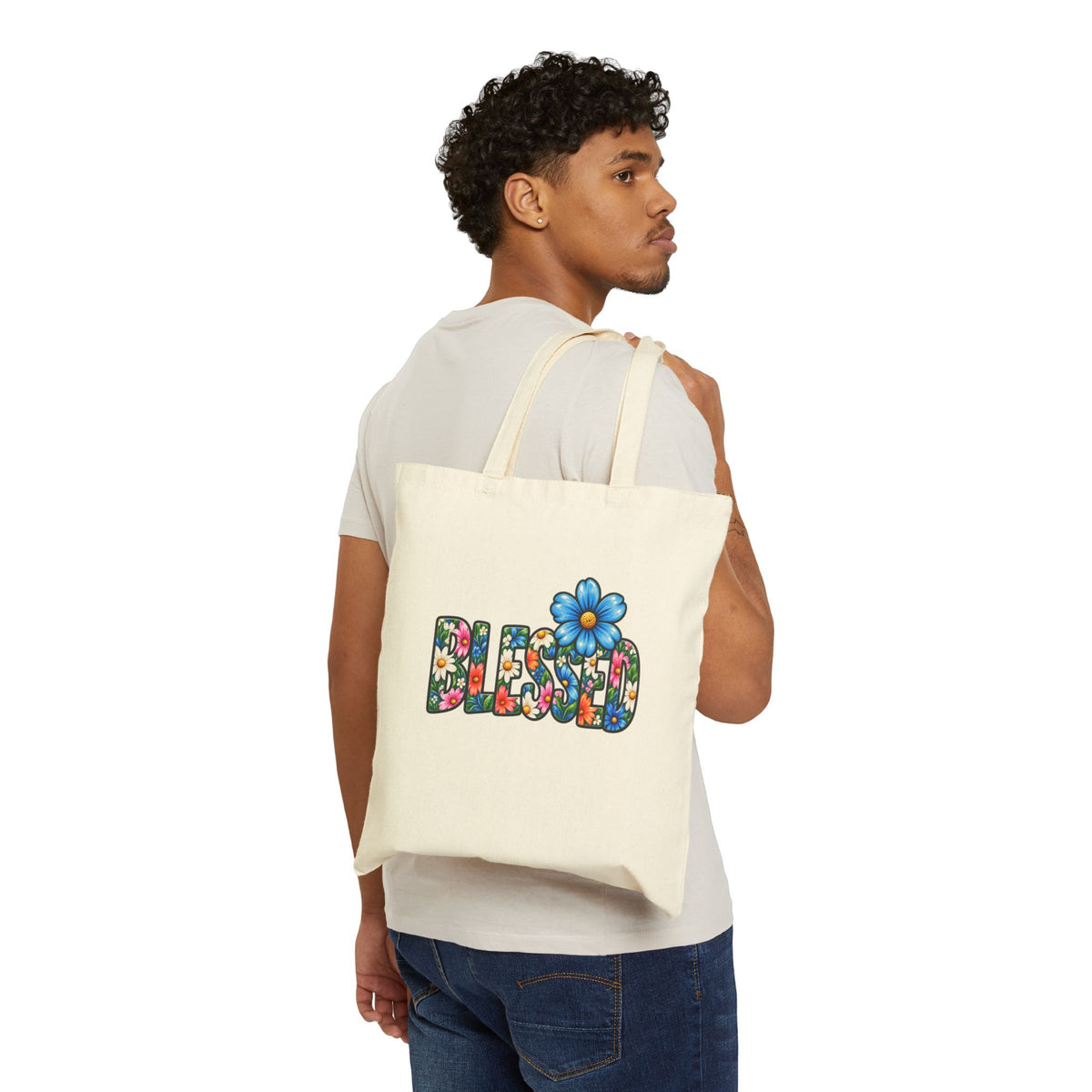Tote Bag — 'Blessed' Floral Canvas Tote with Blue Daisy