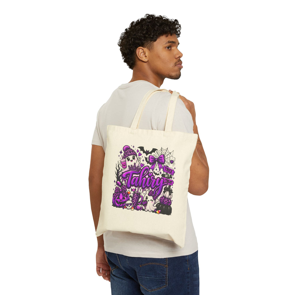 Spooky Purple Halloween Tote Bag — Personalized “Tahiry” Cotton Canvas Grocery Tote
