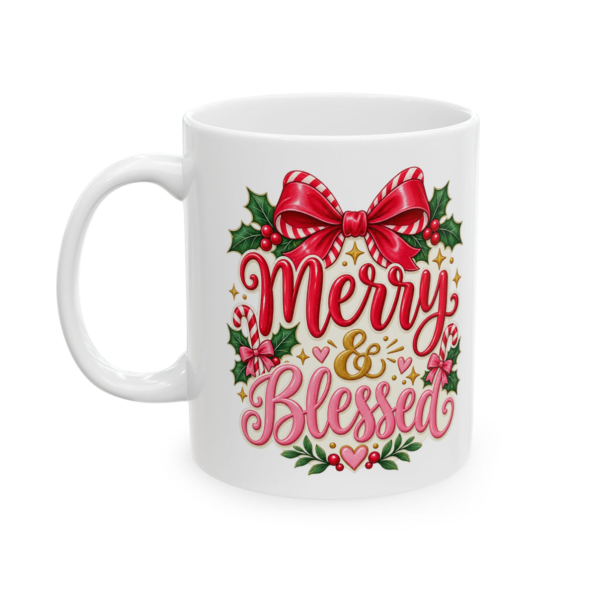Merry & Blessed Christmas Mug — Holiday Holly Bell Ceramic Coffee Cup (11oz/15oz)