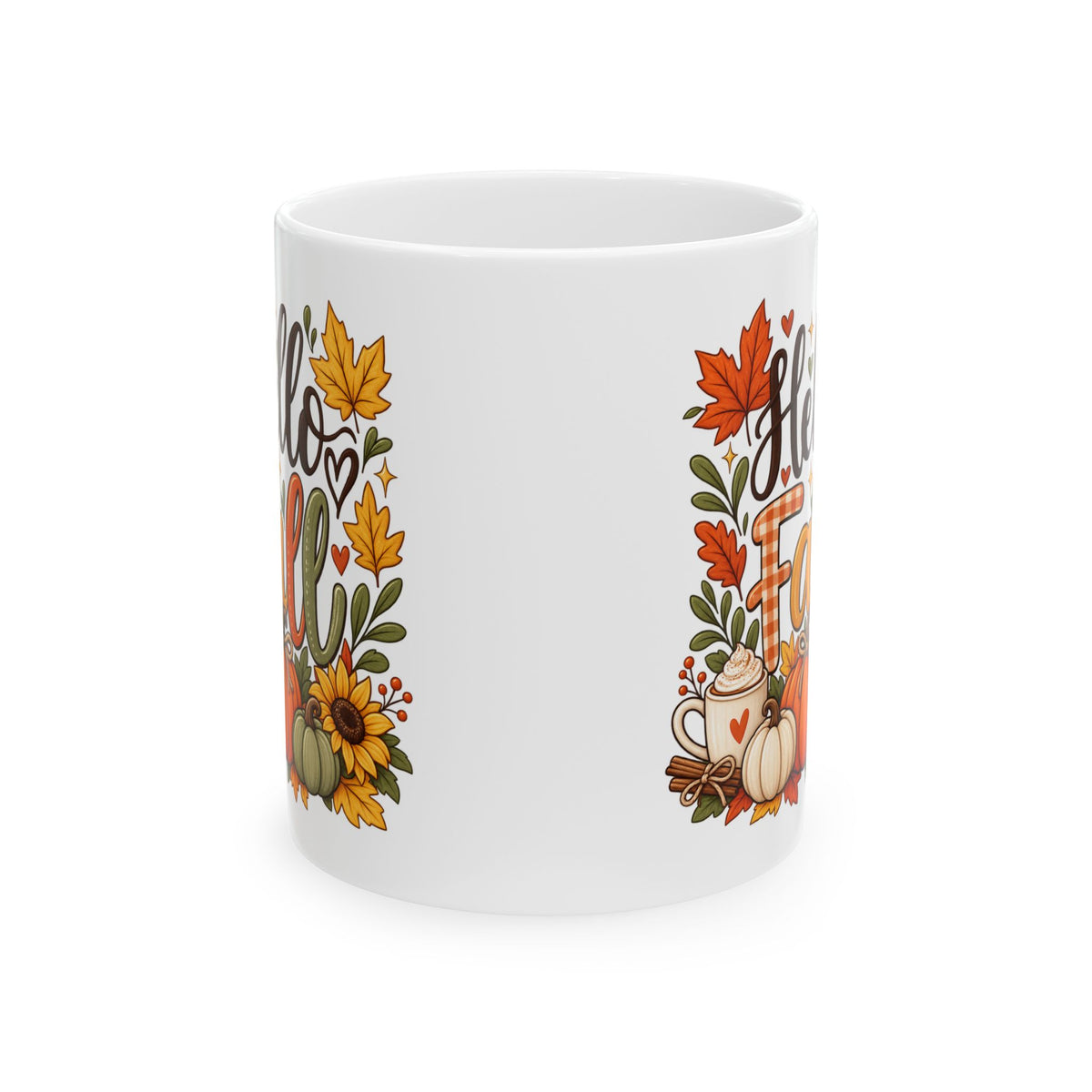Hello Fall Ceramic Mug – Autumn Leaves, Pumpkins & Sunflower Coffee Cup (11oz & 15oz)