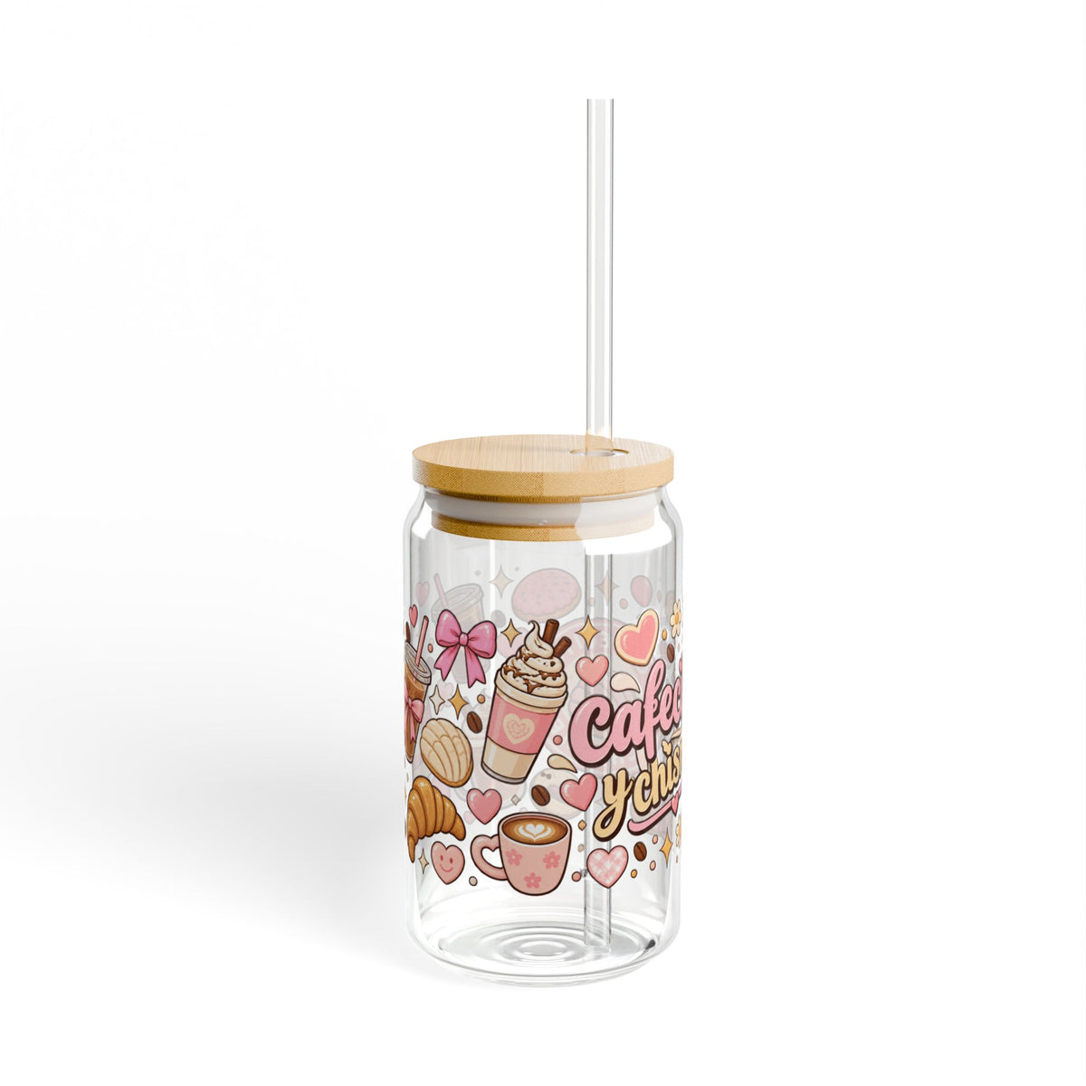 Cafecito y Chisme 16oz Glass Sipper — Cute Coffee Canister Tumbler with Straw
