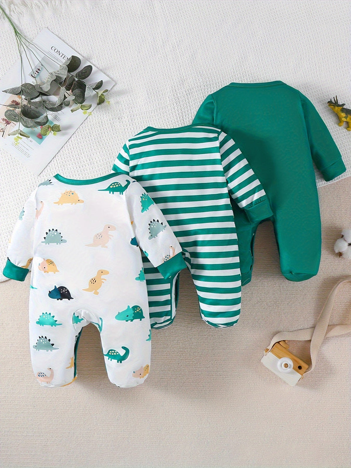 Little Dino 3-Piece Green Baby Boy Onesie Set