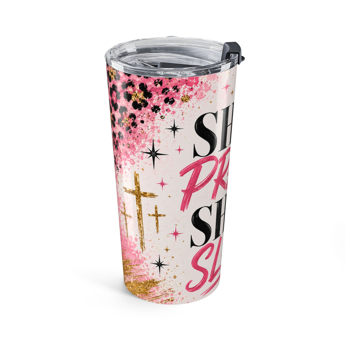 She Prays She Slays 20oz Insulated Tumbler – Pink Faith & Leopard Travel Cup