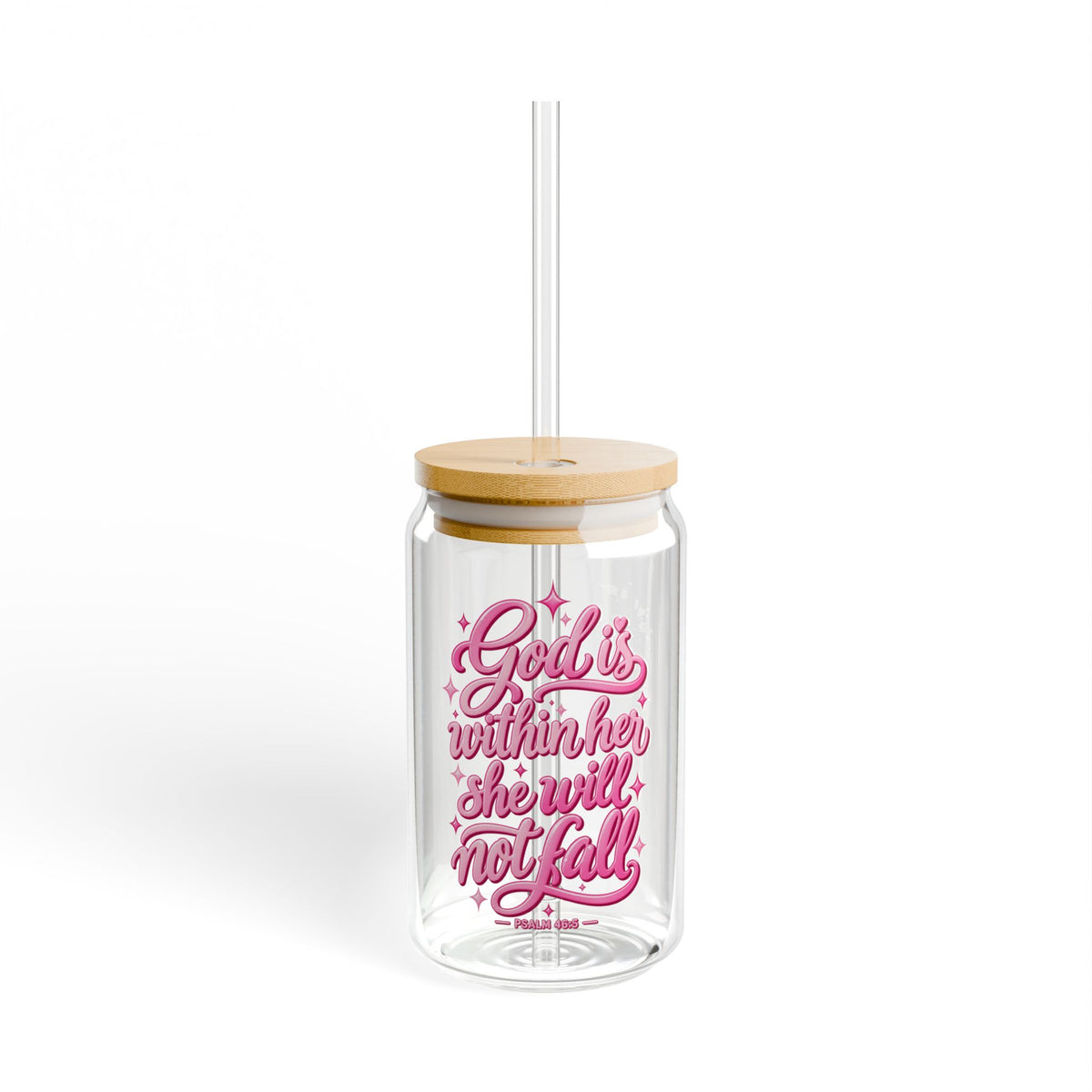16oz Sipper Glass – "God is within her, she will not fall" Pink Script Inspirational Tumbler with Bamboo Lid & Straw