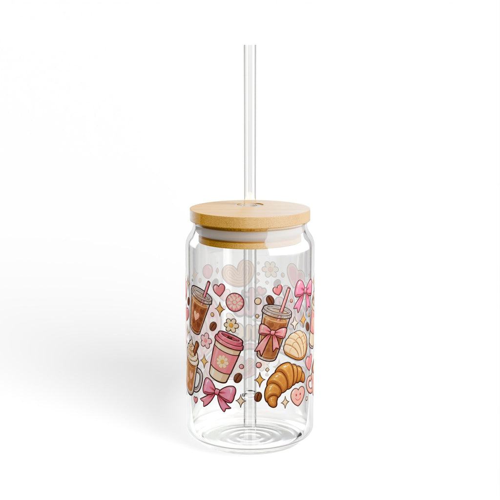 Cafecito y Chisme 16oz Glass Sipper — Cute Coffee Canister Tumbler with Straw