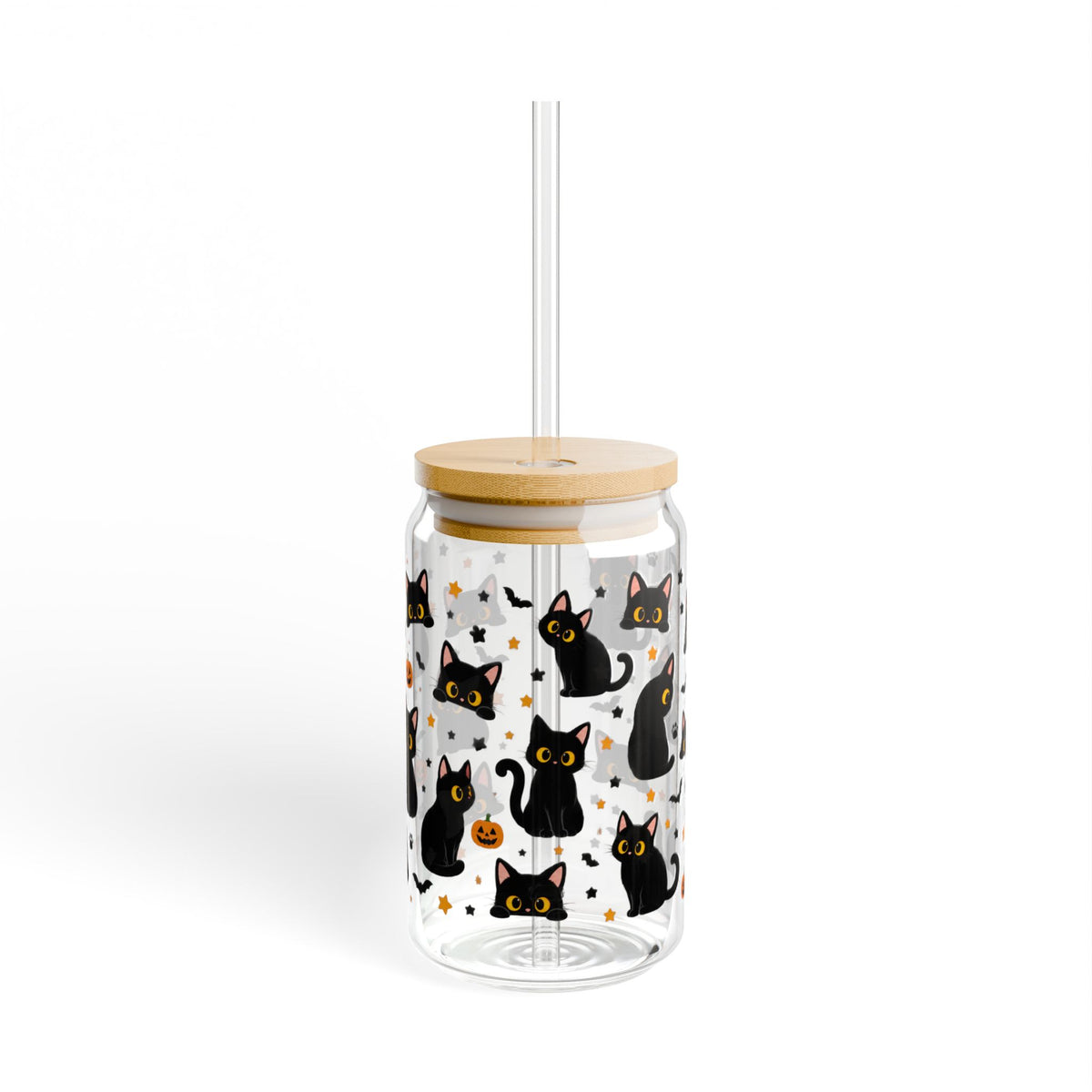 Black Cat Pattern Sipper Glass — 16oz Halloween Mason Jar Tumbler with Straw