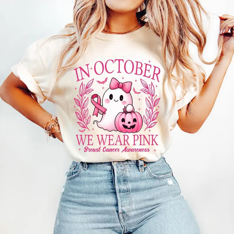 In October We Wear Pink Halloween Breast Cancer Awareness T-Shirt
