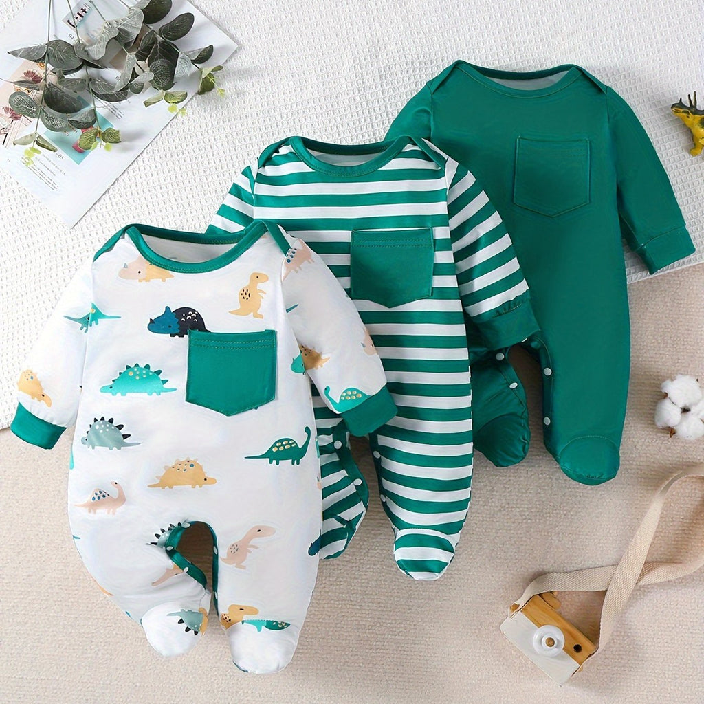Little Dino 3-Piece Green Baby Boy Onesie Set