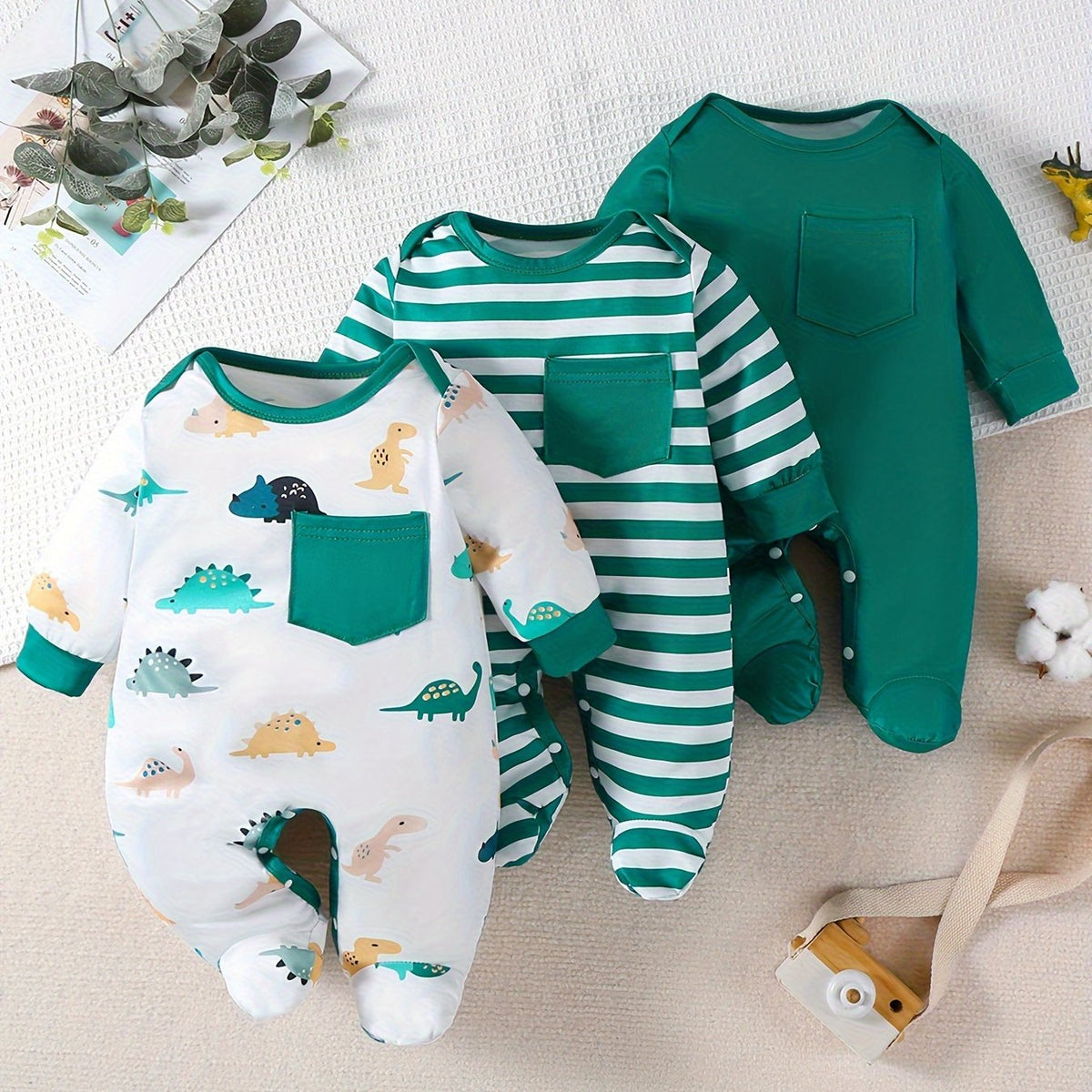 Little Dino 3-Piece Green Baby Boy Onesie Set