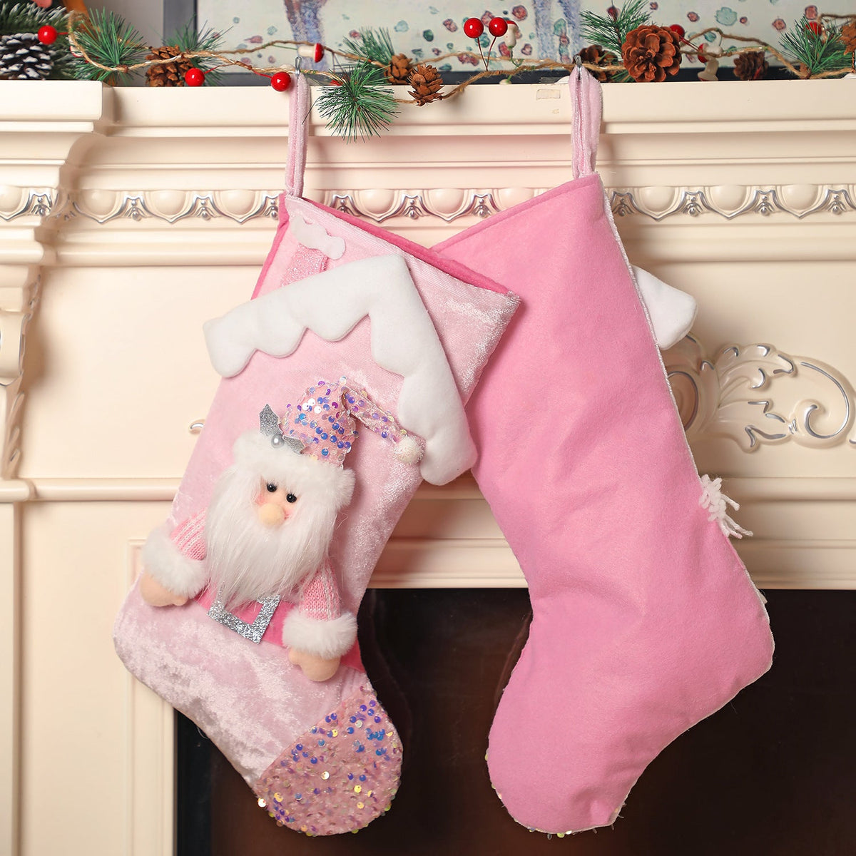 Pink Sequin Christmas Stocking with Plush Character