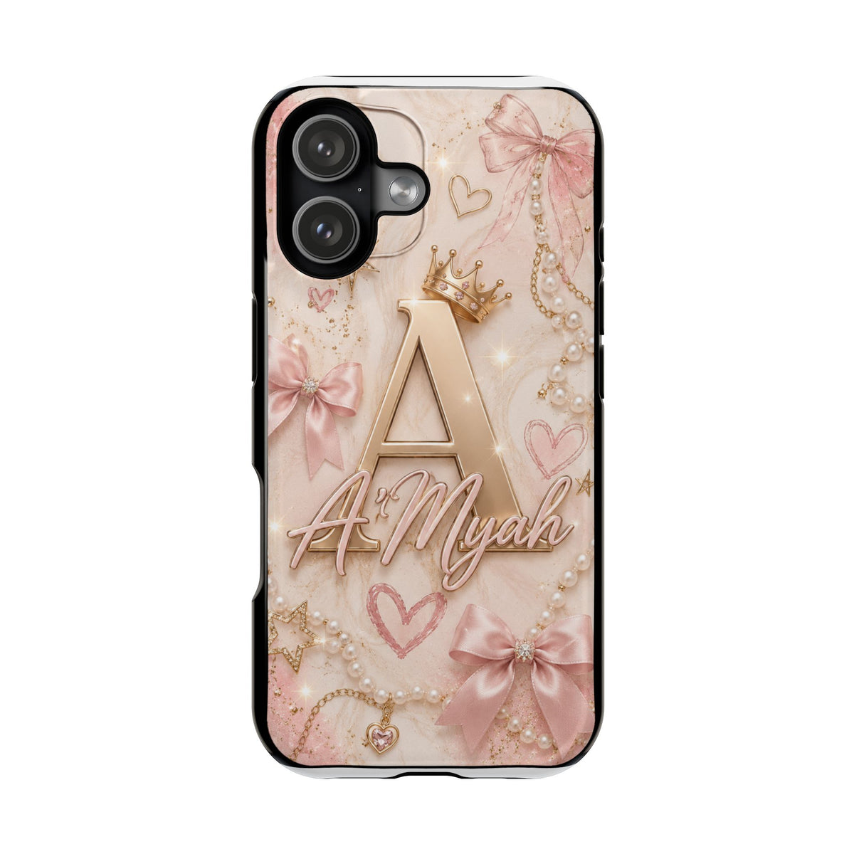 Personalized Pink Princess Phone Case — Gold Monogram "A" with Name (Magnetic Impact-Resistant)