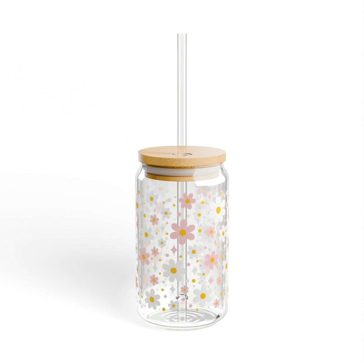 Daisy Floral Sipper Glass — 16oz Reusable Tumbler with Straw