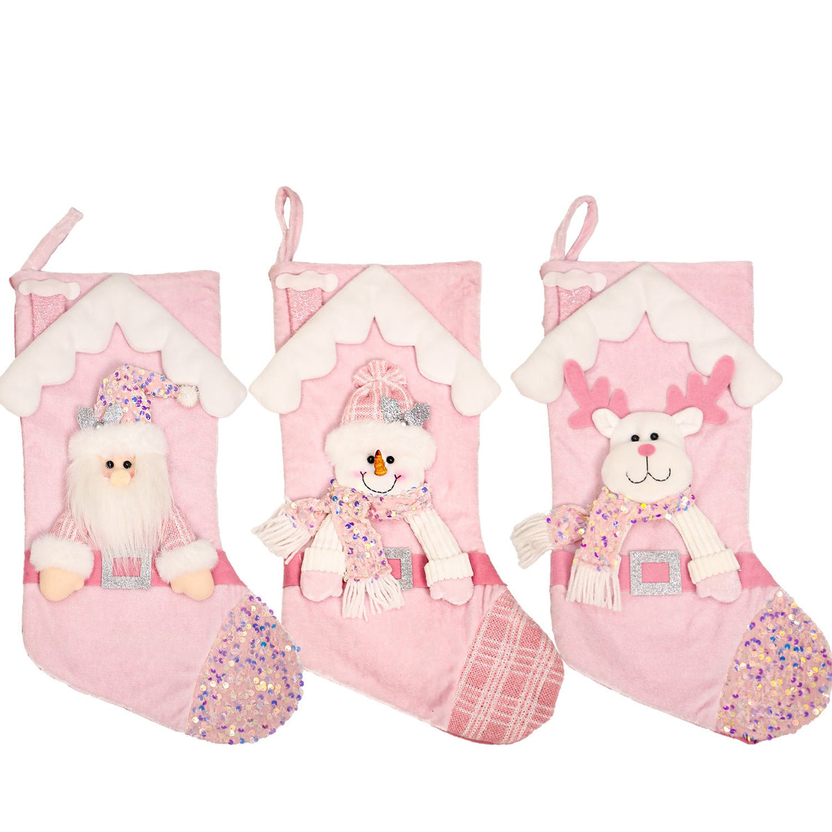 Pink Sequin Christmas Stocking with Plush Character