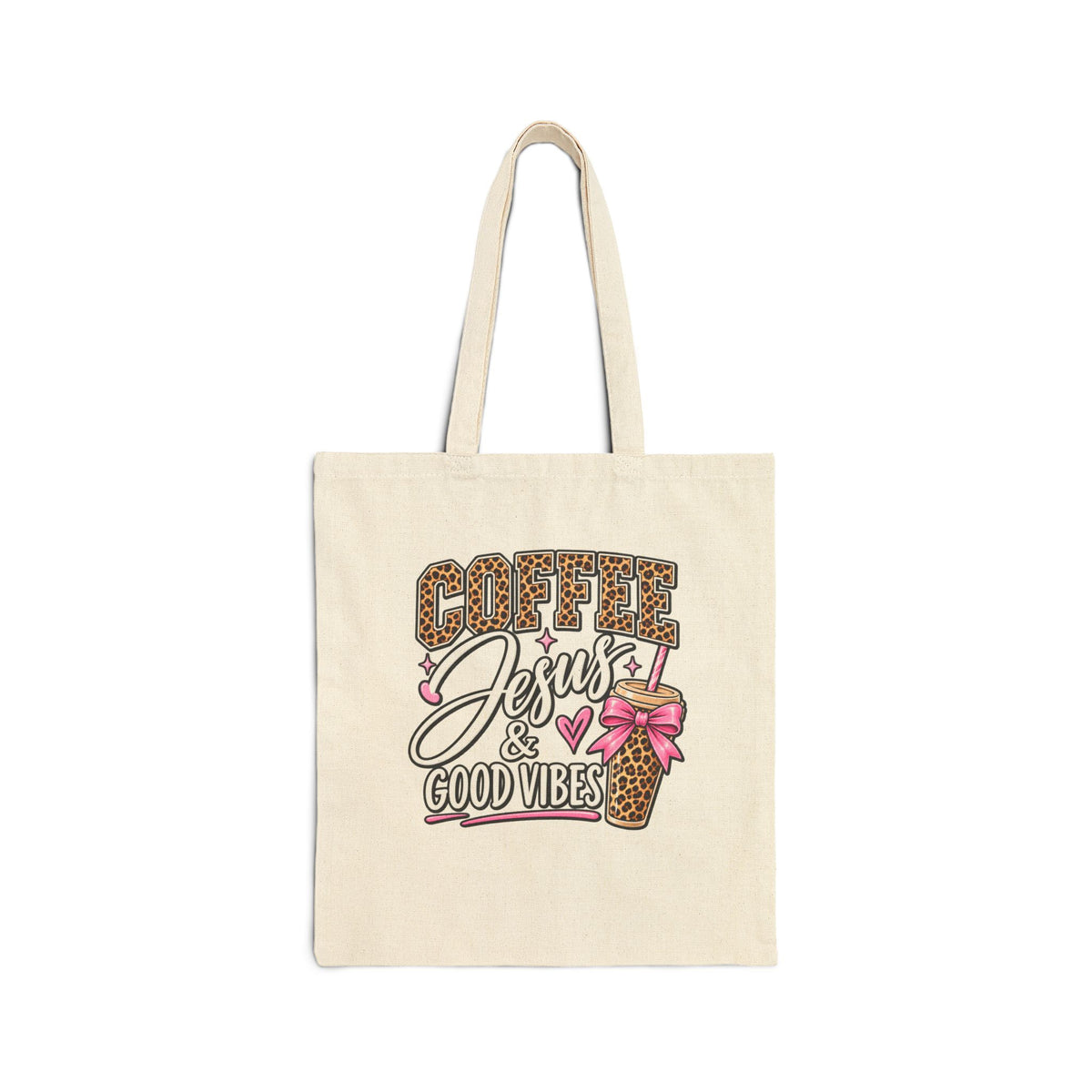 Canvas Tote — "Coffee, Jesus & Good Vibes" Leopard Print Cup Bible Gift