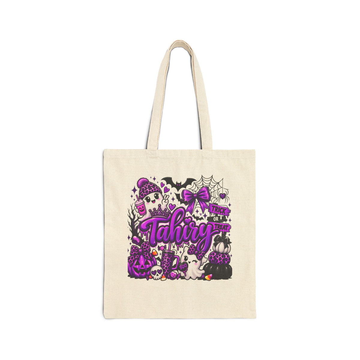 Spooky Purple Halloween Tote Bag — Personalized “Tahiry” Cotton Canvas Grocery Tote