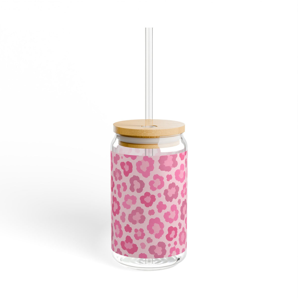 Pink Leopard Print Sipper Glass (16oz) - Reusable Bamboo Lid & Straw