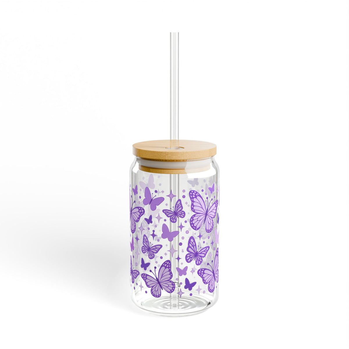 Butterfly Pattern Sipper Glass - 16oz Purple Floral Travel Cup with Straw