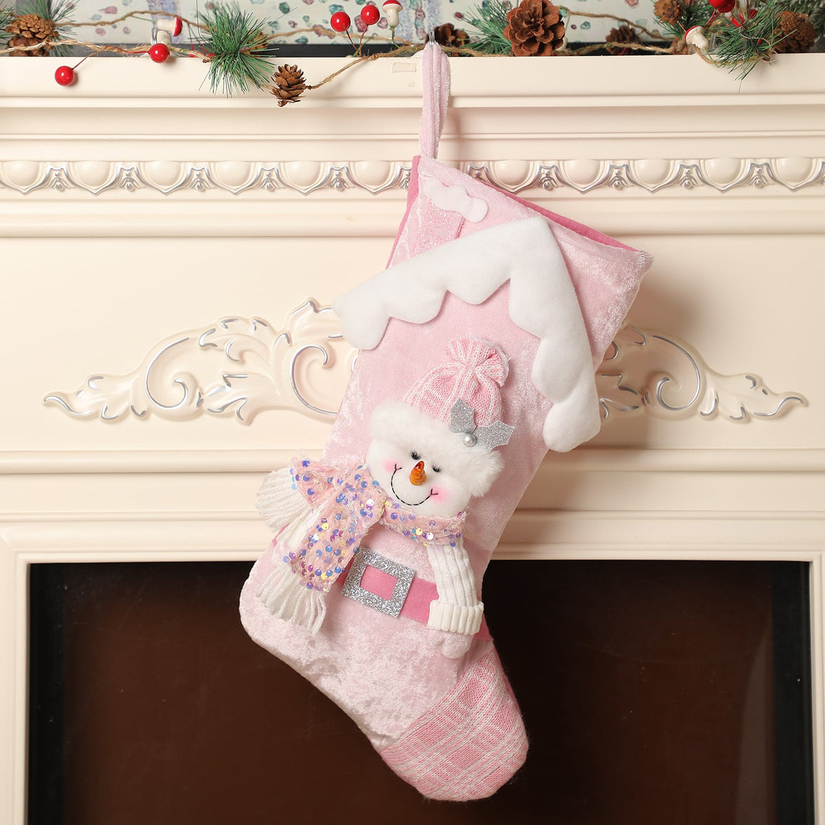 Pink Sequin Christmas Stocking with Plush Character