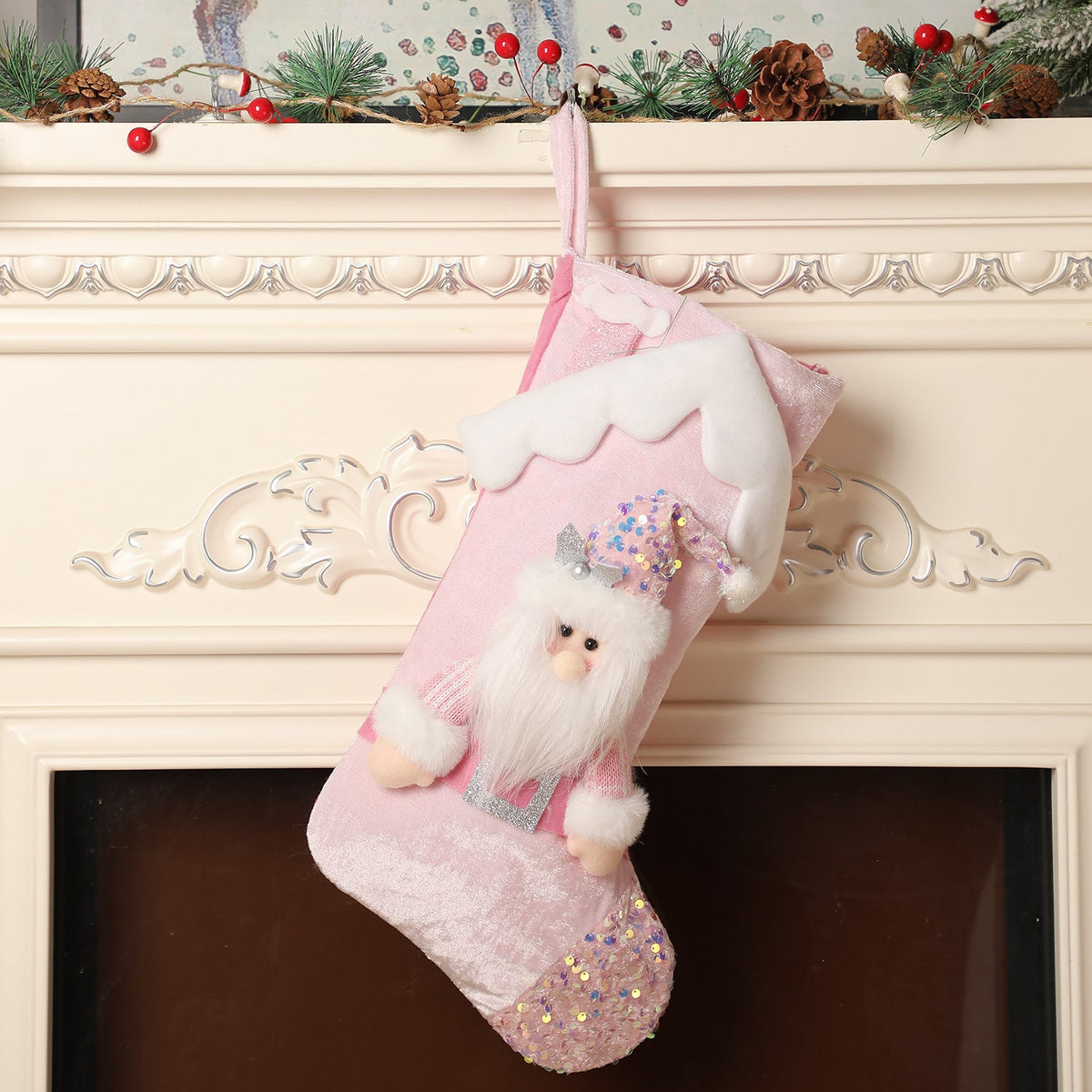 Pink Sequin Christmas Stocking with Plush Character