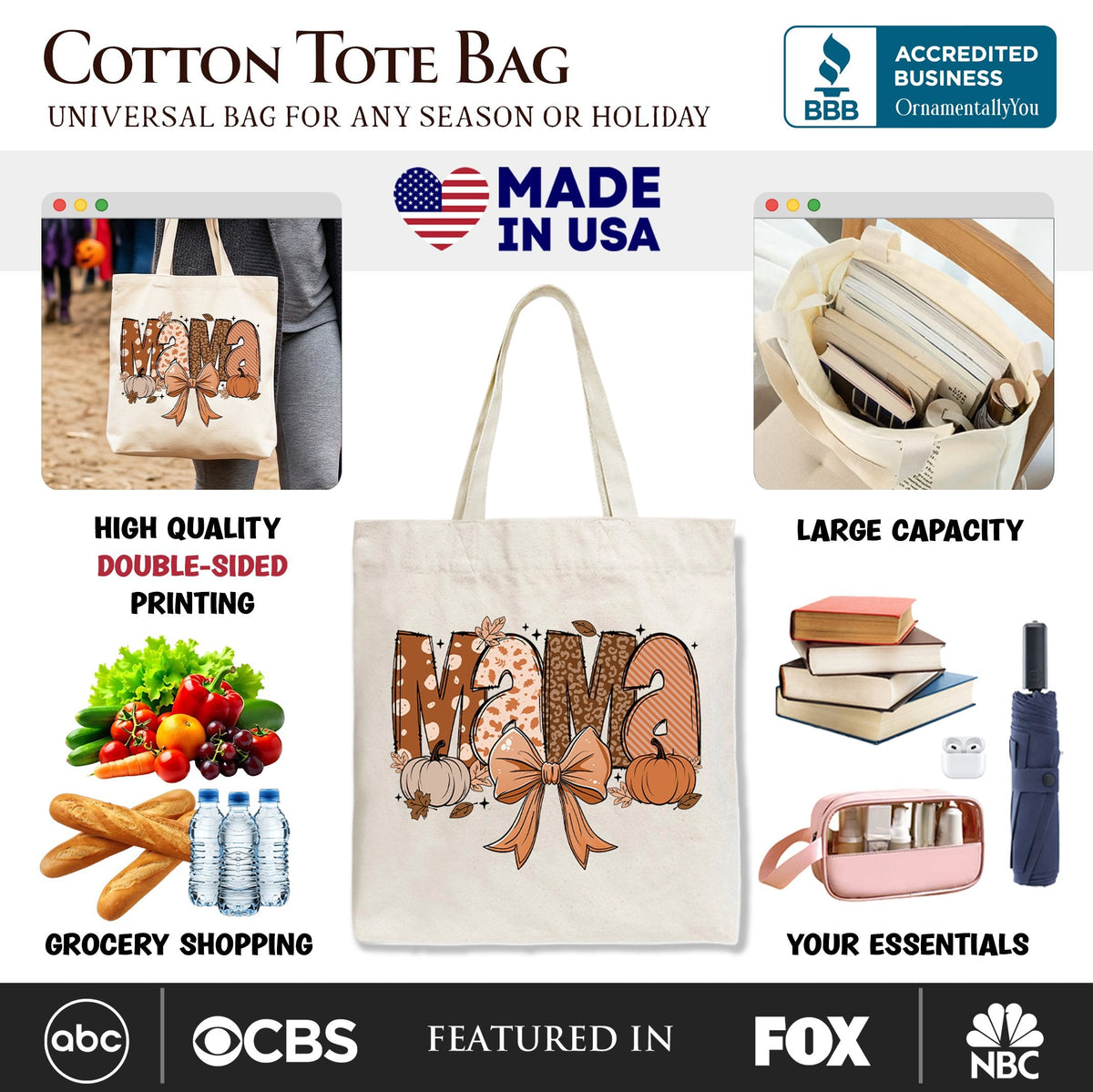 MAMA Patchwork Fall Tote Bag – Cozy Autumn Pumpkins