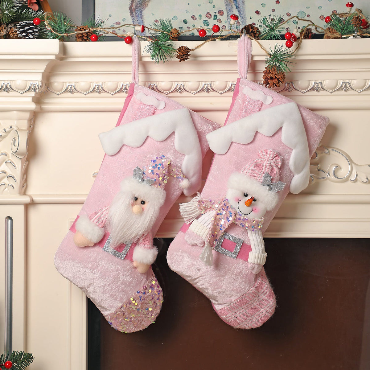 Pink Sequin Christmas Stocking with Plush Character