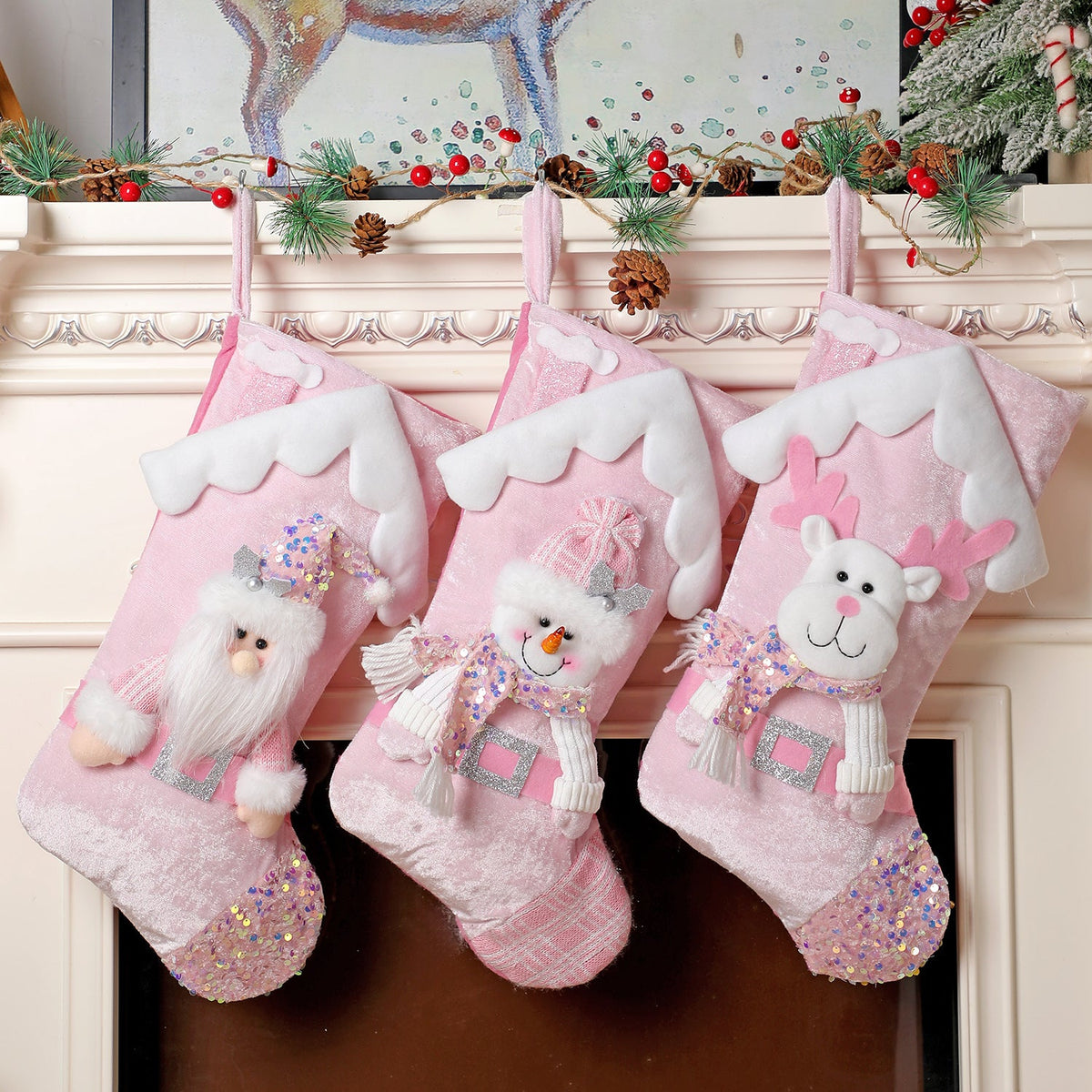 Pink Sequin Christmas Stocking with Plush Character