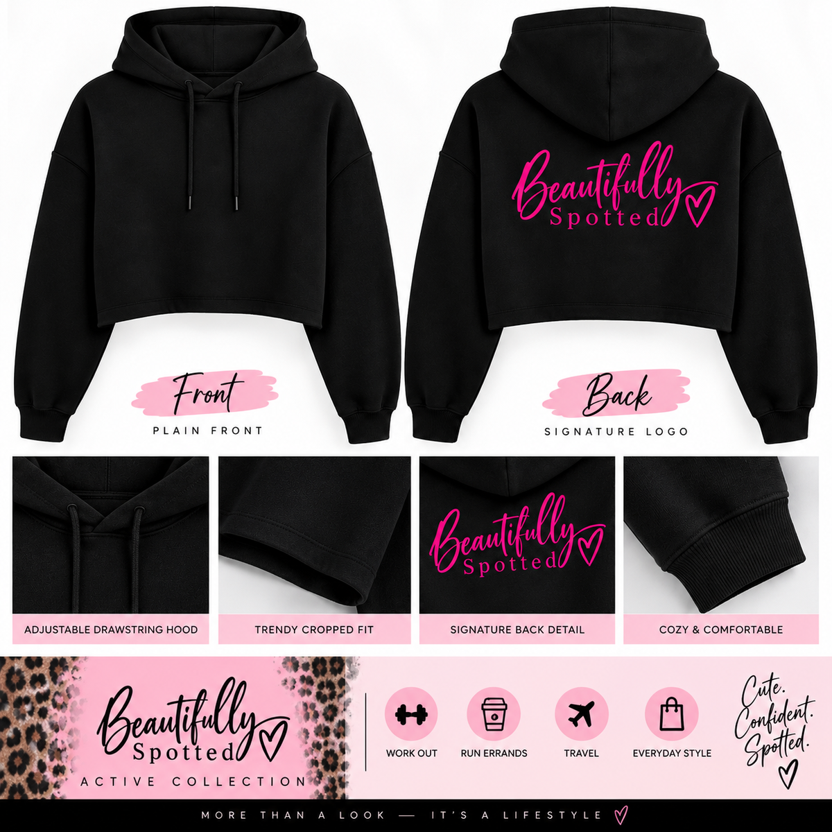 Beautifully Spotted™ Signature Cropped Hoodie – Black & Hot Pink