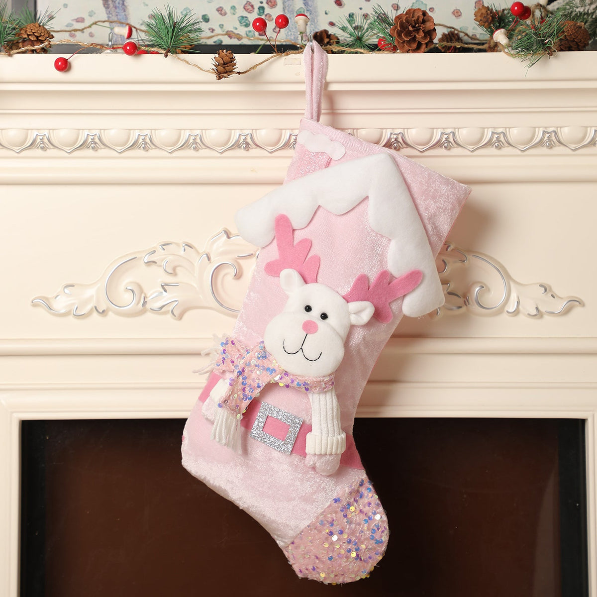 Pink Sequin Christmas Stocking with Plush Character
