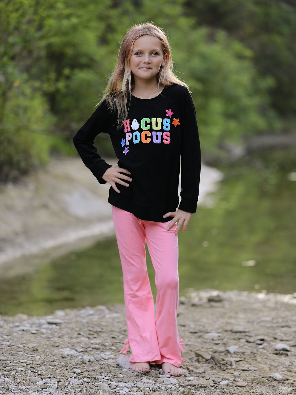 Hocus Pocus Halloween Black Top & Pink Bell Bottom Set – Girls