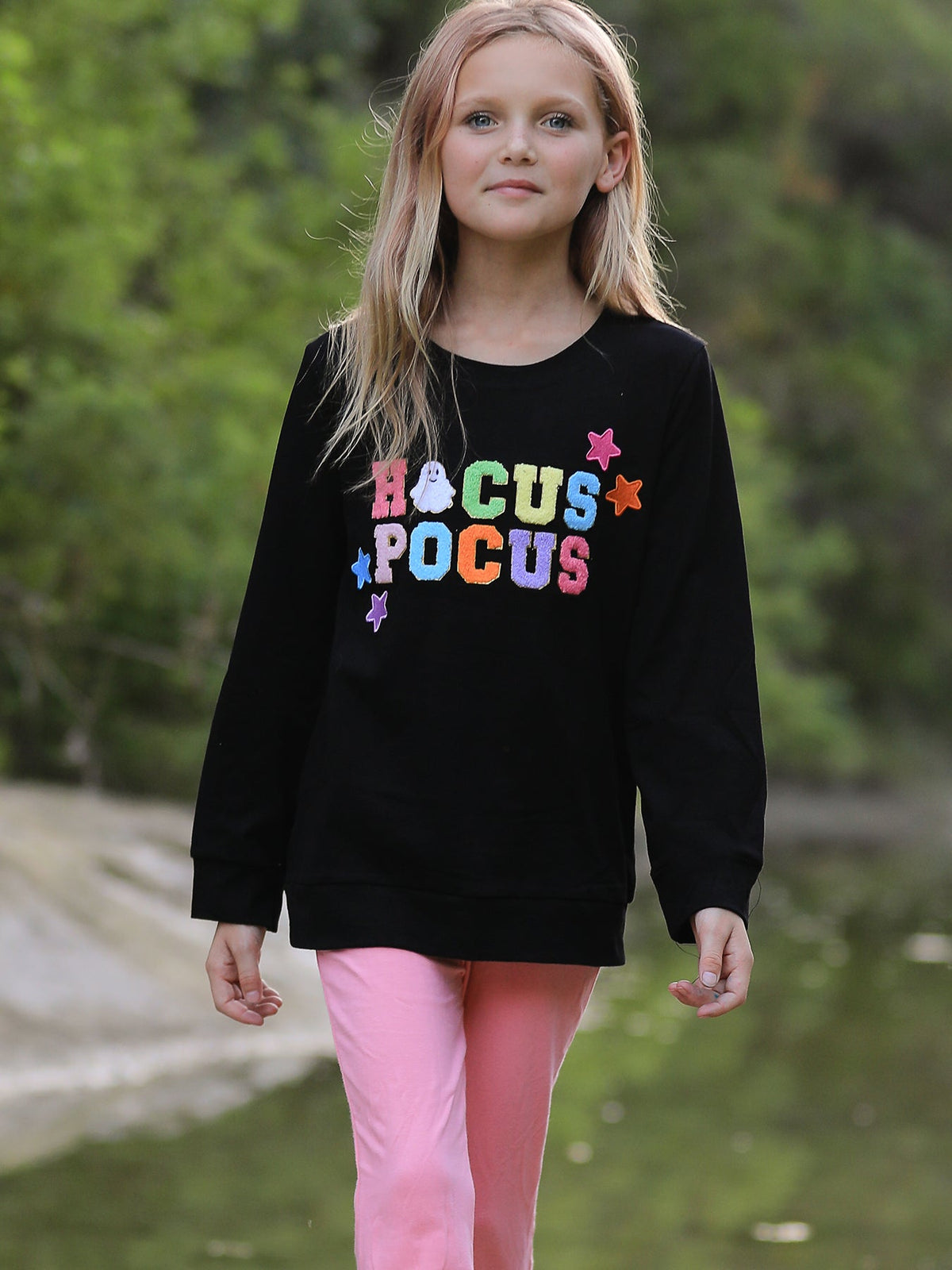 Hocus Pocus Halloween Black Top & Pink Bell Bottom Set – Girls