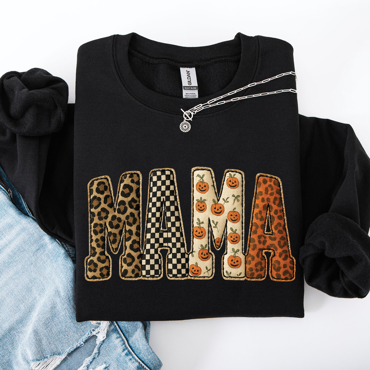 Vintage MAMA Fall Patchwork Sweatshirt – Leopard, Checker & Pumpkin Print