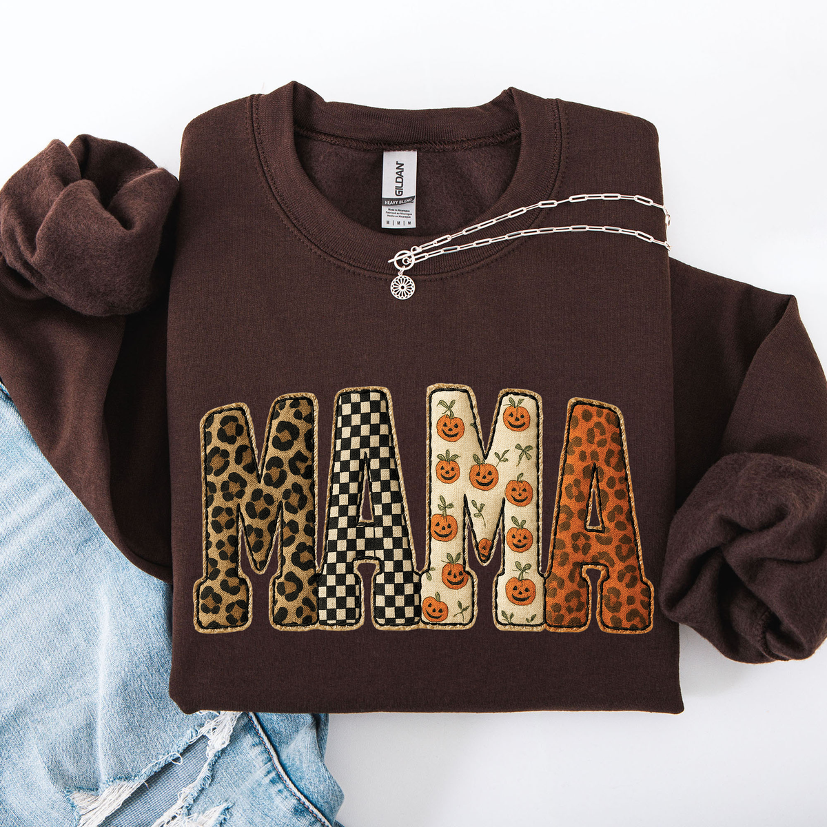 Vintage MAMA Fall Patchwork Sweatshirt – Leopard, Checker & Pumpkin Print