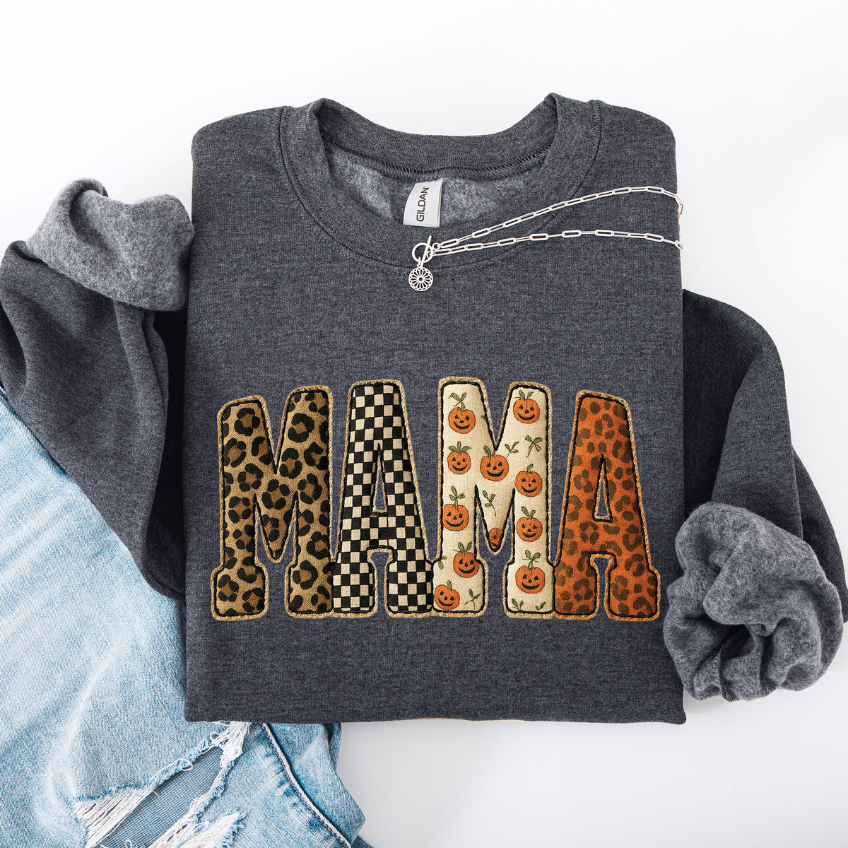 Vintage MAMA Fall Patchwork Sweatshirt – Leopard, Checker & Pumpkin Print