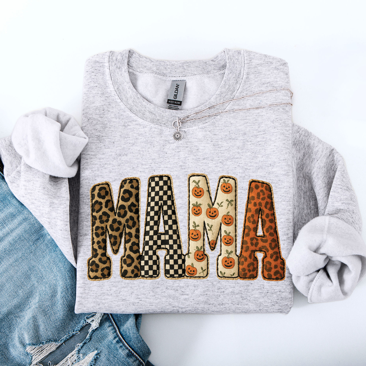 Vintage MAMA Fall Patchwork Sweatshirt – Leopard, Checker & Pumpkin Print