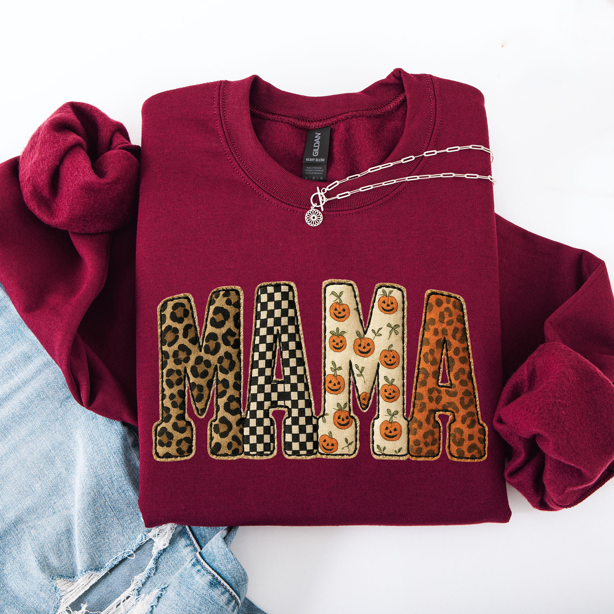 Vintage MAMA Fall Patchwork Sweatshirt – Leopard, Checker & Pumpkin Print