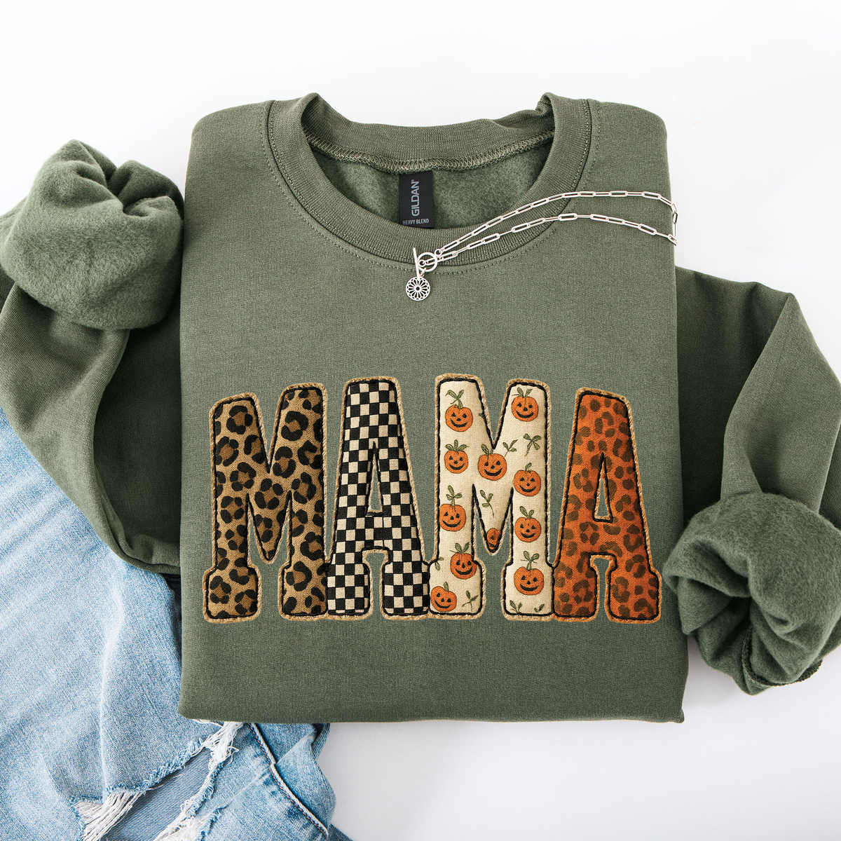 Vintage MAMA Fall Patchwork Sweatshirt – Leopard, Checker & Pumpkin Print