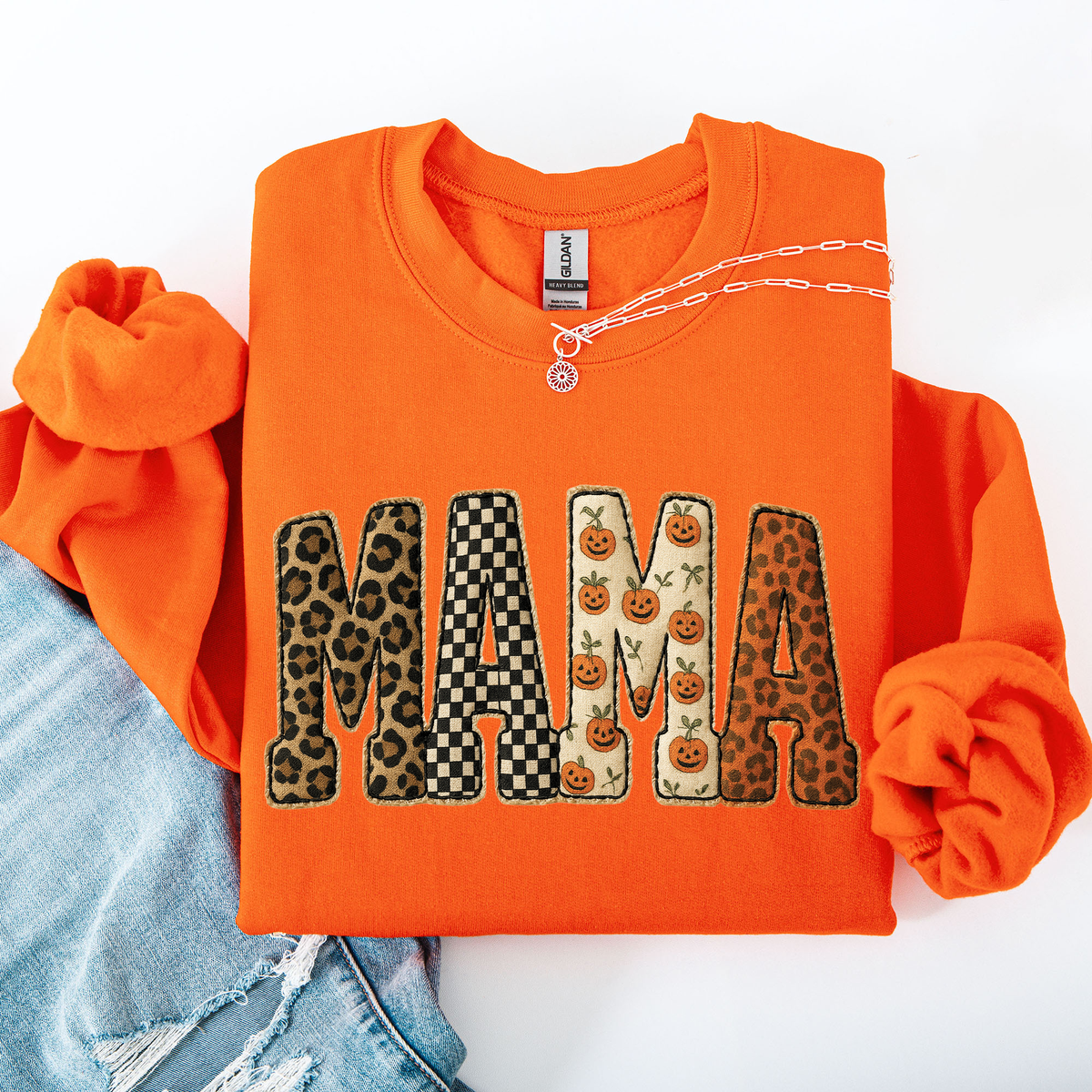Vintage MAMA Fall Patchwork Sweatshirt – Leopard, Checker & Pumpkin Print