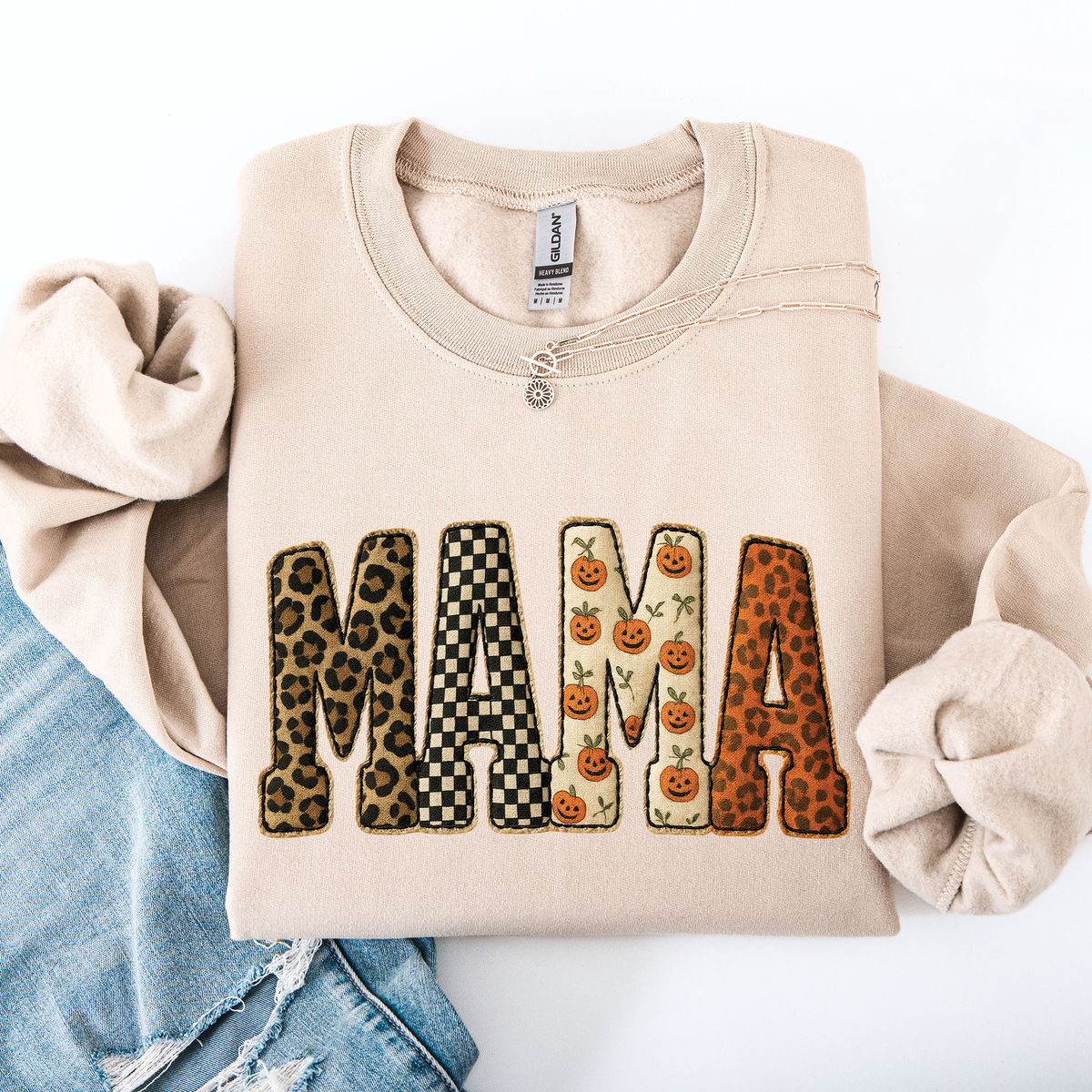 Vintage MAMA Fall Patchwork Sweatshirt – Leopard, Checker & Pumpkin Print