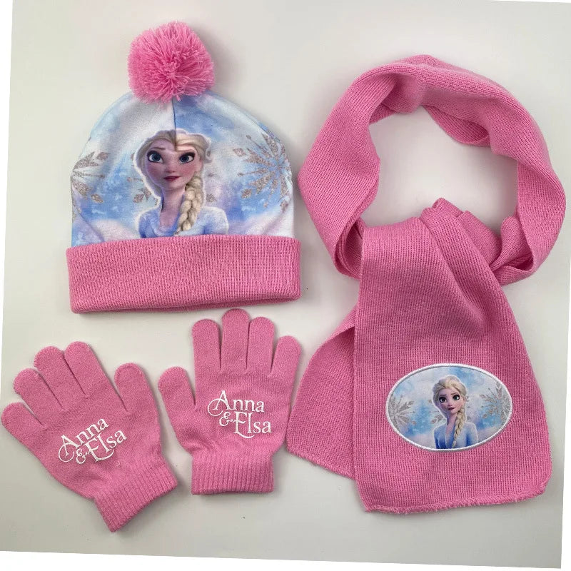 Cartoon Ice Princess and Anna Winter AKids 3-Piece Character Christmas Winter Set – Hat, Scarf & Gloves
