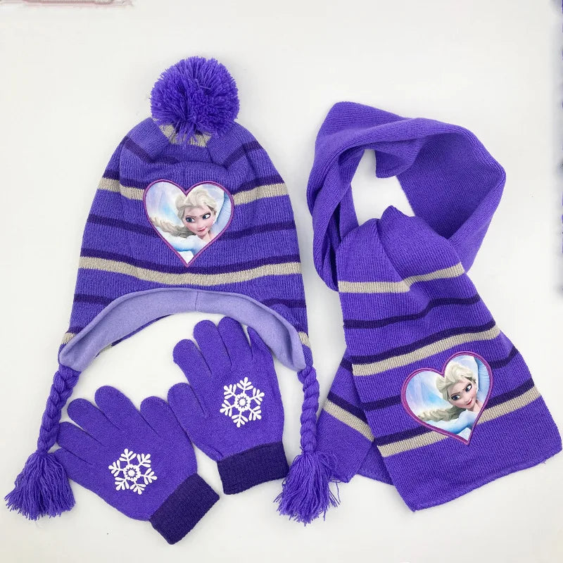 Cartoon Ice Princess and Anna Winter AKids 3-Piece Character Christmas Winter Set – Hat, Scarf & Gloves