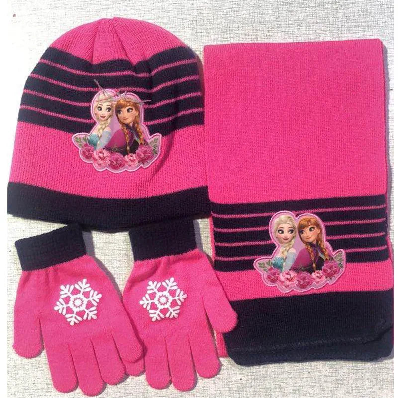 Cartoon Ice Princess and Anna Winter AKids 3-Piece Character Christmas Winter Set – Hat, Scarf & Gloves