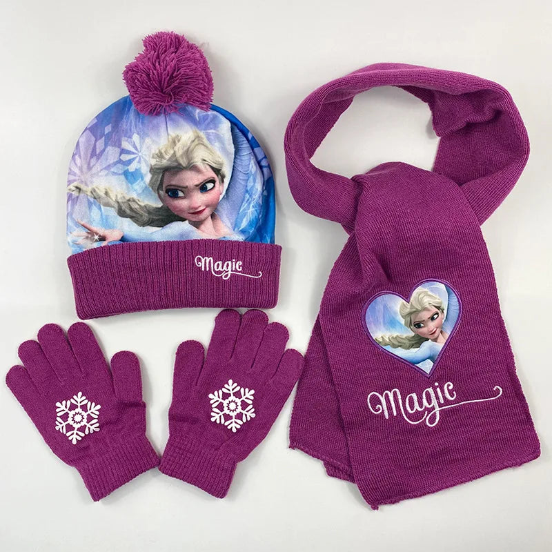 Cartoon Ice Princess and Anna Winter AKids 3-Piece Character Christmas Winter Set – Hat, Scarf & Gloves
