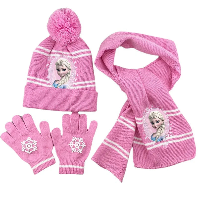 Cartoon Ice Princess and Anna Winter AKids 3-Piece Character Christmas Winter Set – Hat, Scarf & Gloves